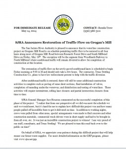 Press Release from SJRA Regarding Restoration of Traffic on Grogan's Mill - May 15, 2014