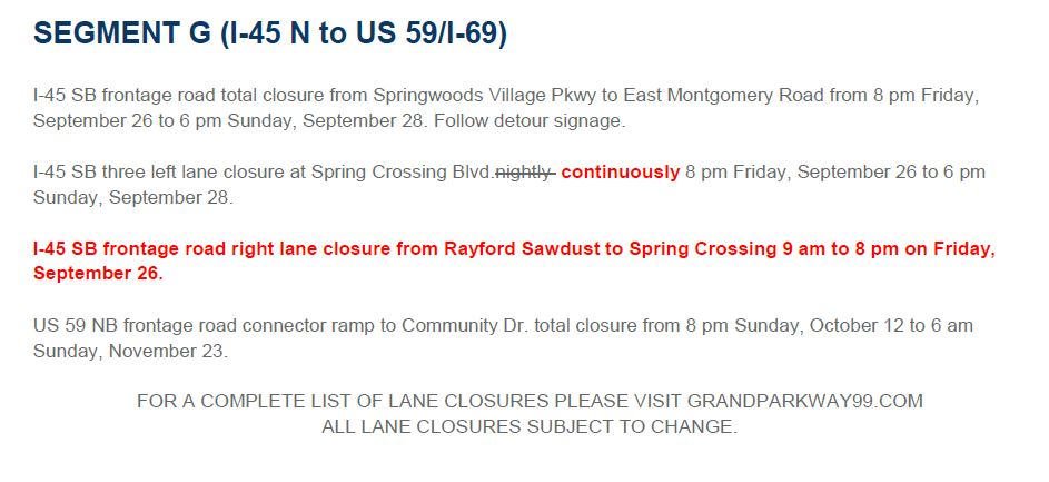 Grand Parkway I-45 Lane Closures - September 26, 2014